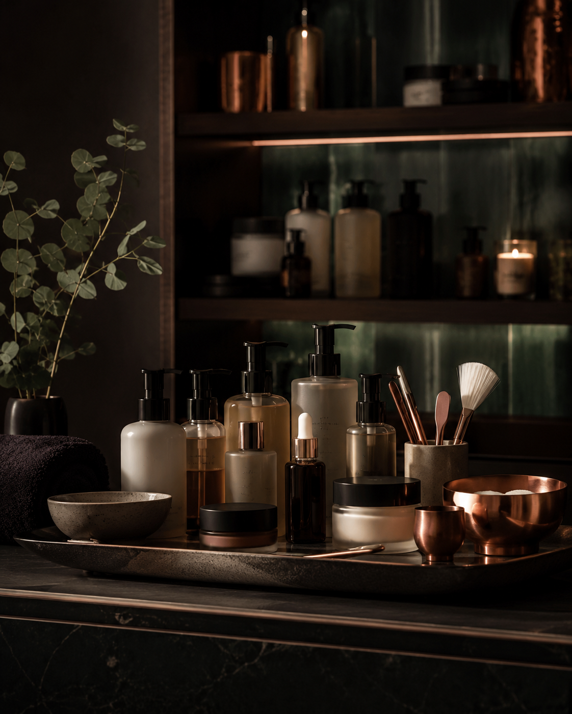Professional backbar shelf with skincare bottles, copper bowls and brushes used in Vorn Skin facial treatments
